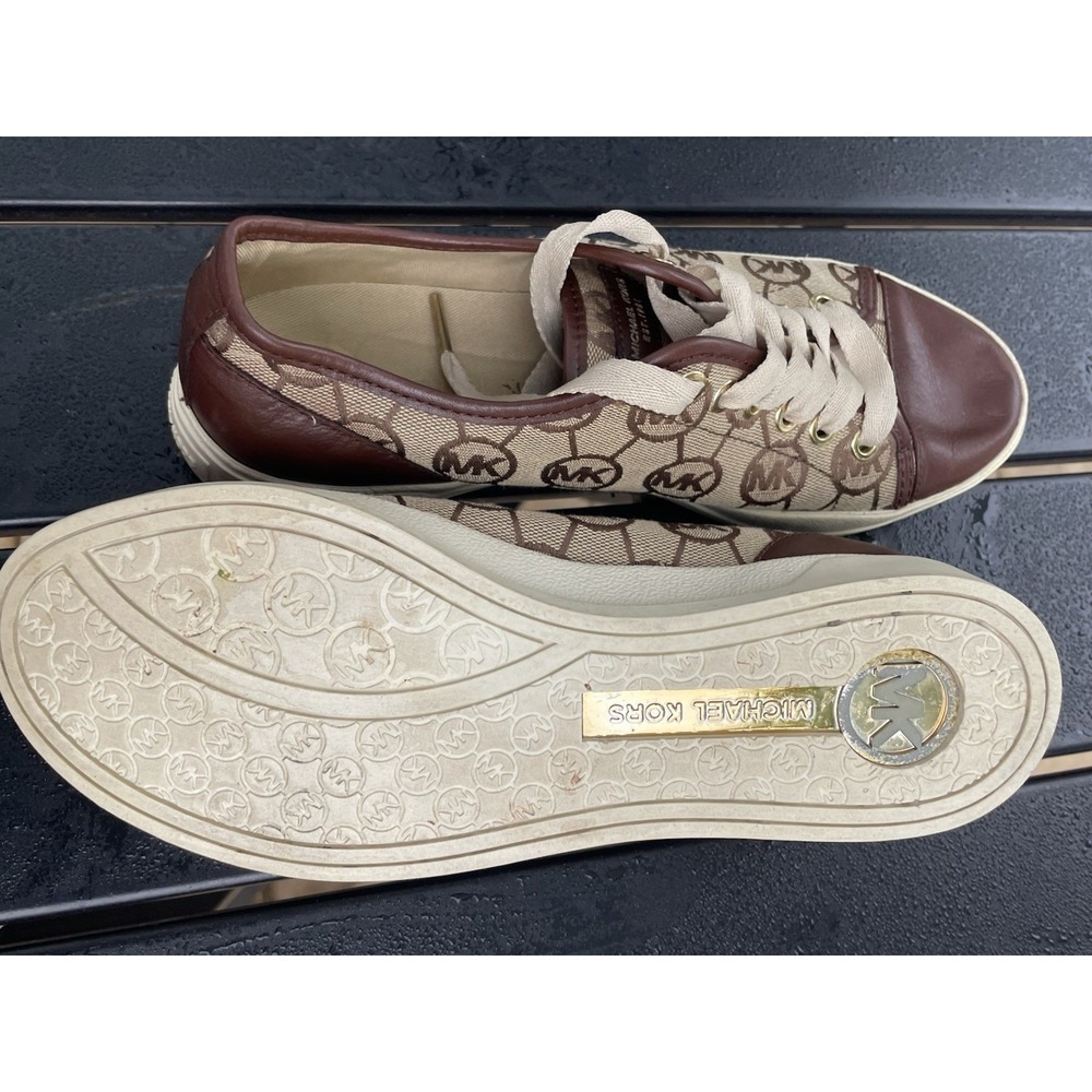 Michael Kors Womens MK Monogram Logo Low Top Sneakers Brown Tan Leather Trim - Picture 7 of 9